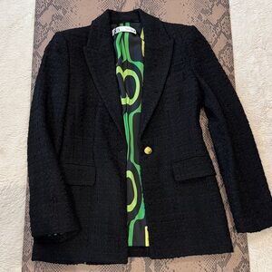 Zara Black Textured Blazer with Green Patterned Lining